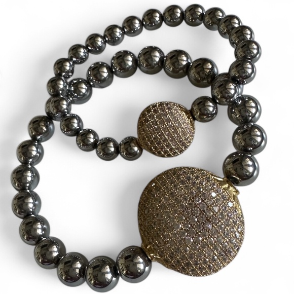 Mother & Daughter Hematite Stretch Bracelet SetPavé Gold Coin Accents
